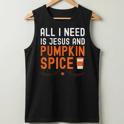 Typography t-shirt featuring a pumpkin spice latte and the text about Jesus — printed on a tank top