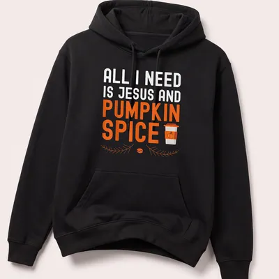 Typography t-shirt featuring a pumpkin spice latte and the text about Jesus — printed on a unisex hoodie