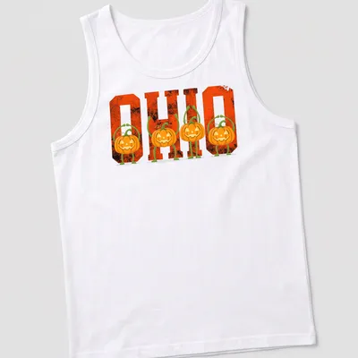 Vintage-style Halloween T-shirt featuring pumpkins and O H I O text — printed on a tank top