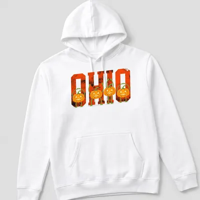 Vintage-style Halloween T-shirt featuring pumpkins and O H I O text — printed on a unisex hoodie