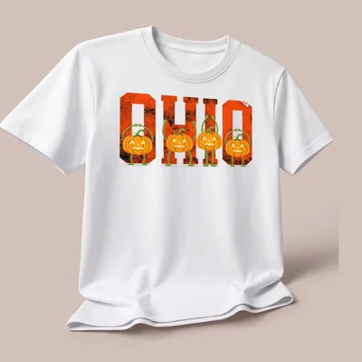 Vintage-style Halloween T-shirt featuring pumpkins and O H I O text — printed on a unisex t-shirt (angled view)