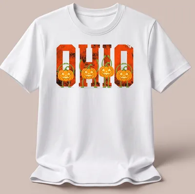 Vintage-style Halloween T-shirt featuring pumpkins and O H I O text