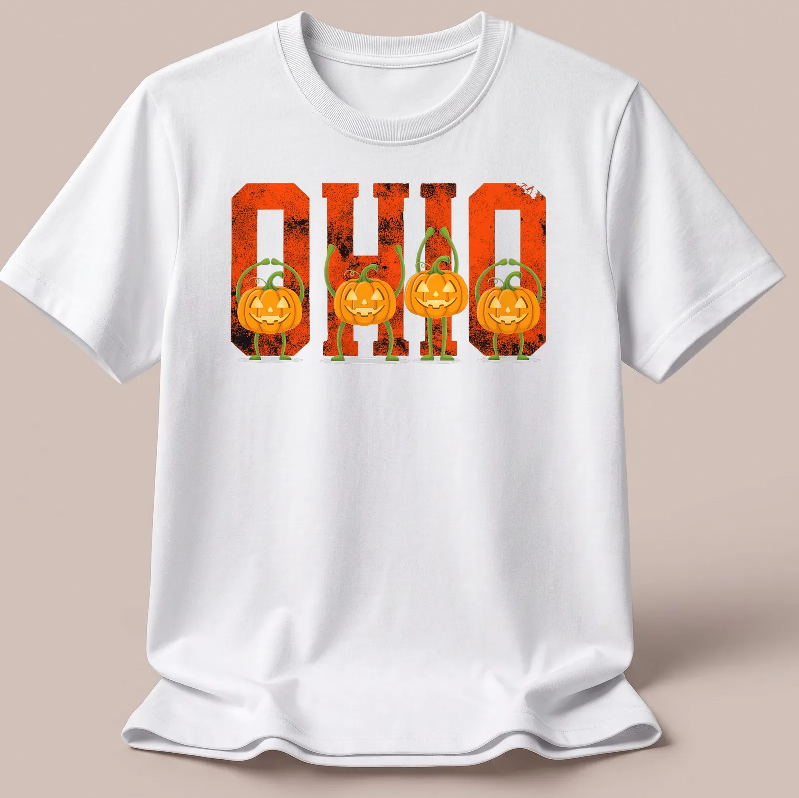 Vintage-style Halloween T-shirt featuring pumpkins and O H I O text — printed on a unisex t-shirt