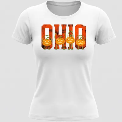 Vintage-style Halloween T-shirt featuring pumpkins and O H I O text — printed on a women's shirt