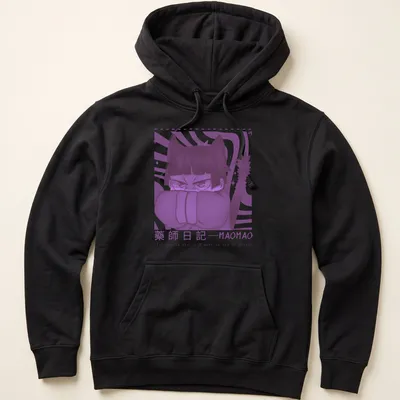 Doodle of a purple cat with text about dying of poison in black and white — printed on a unisex hoodie