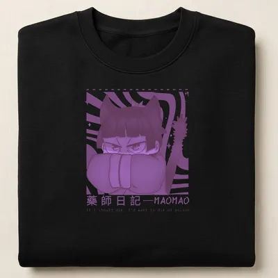 Doodle of a purple cat with text about dying of poison in black and white — printed on a unisex sweatshirt