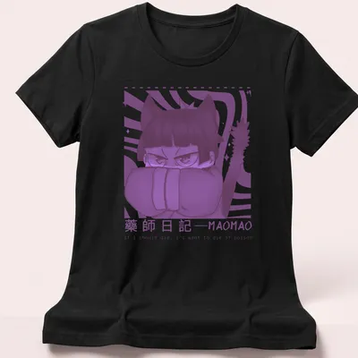 Doodle of a purple cat with text about dying of poison in black and white — printed on a women's shirt