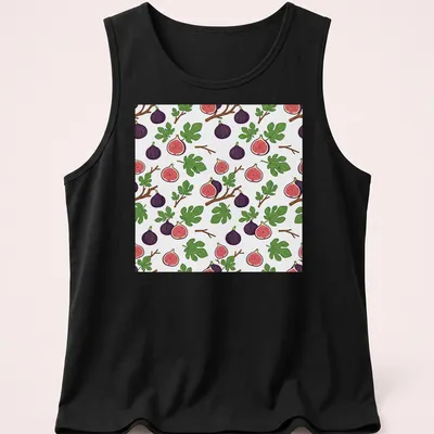 Illustrative design featuring purple figs with green leaves and pink accents. — printed on a tank top