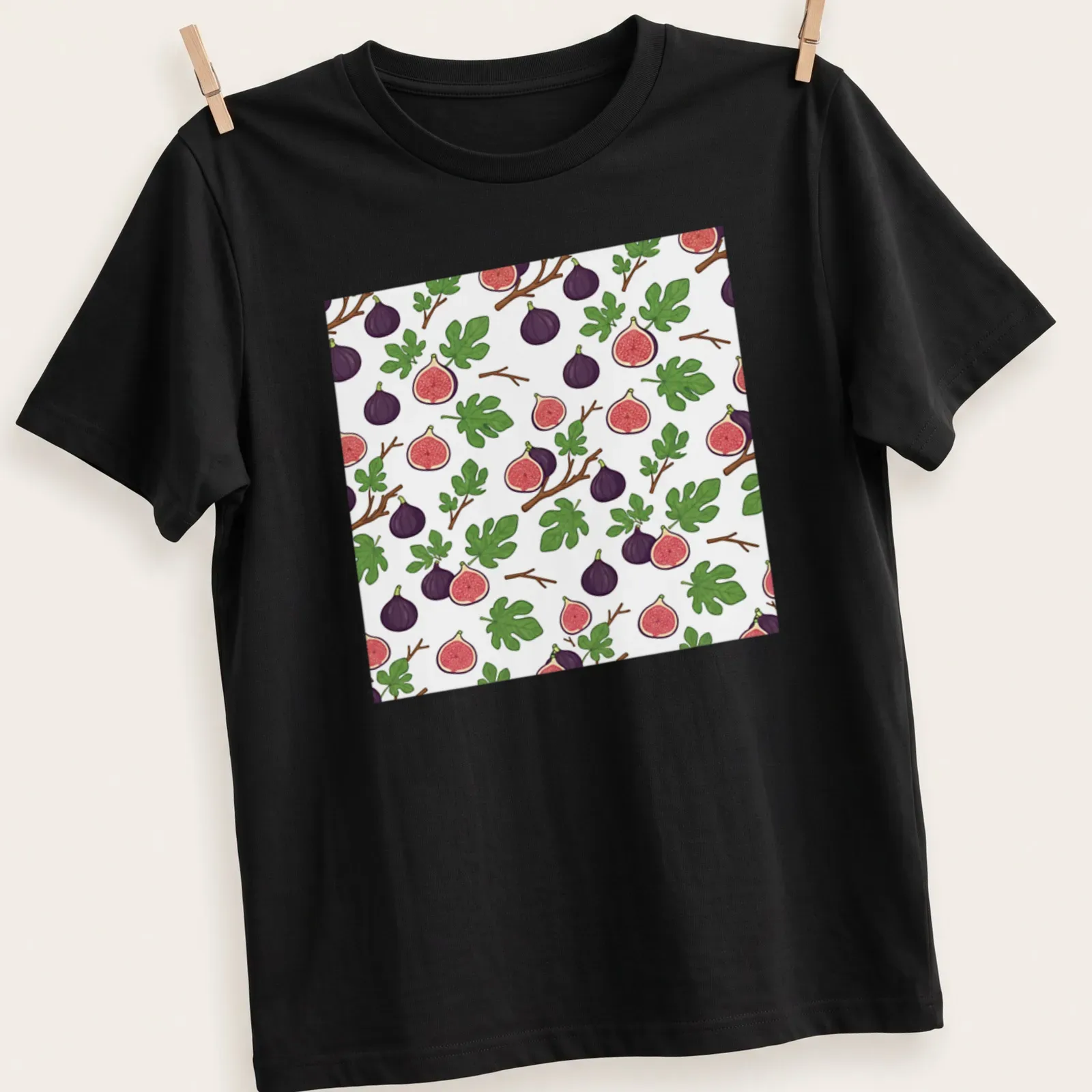 Illustrative design featuring purple figs with green leaves and pink accents. — printed on a unisex t-shirt
