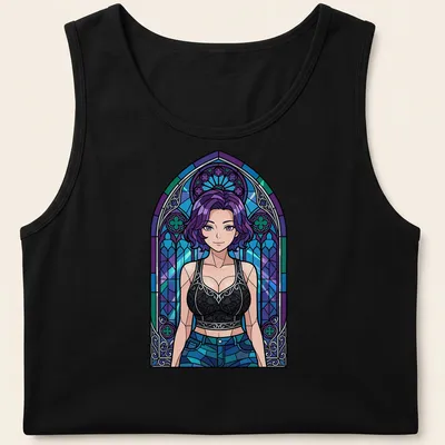 Female character with purple hair in stained glass style — printed on a tank top