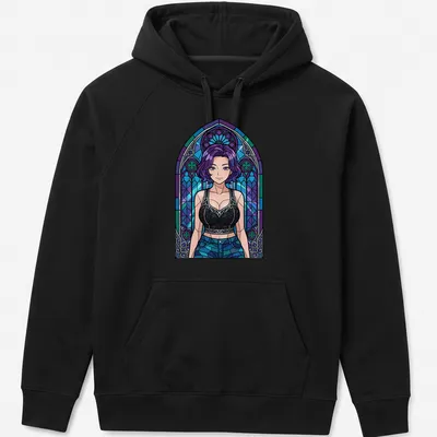 Female character with purple hair in stained glass style — printed on a unisex hoodie