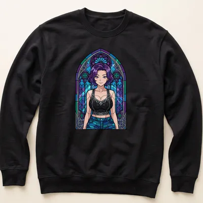 Female character with purple hair in stained glass style — printed on a unisex sweatshirt