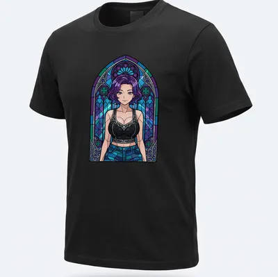 Female character with purple hair in stained glass style t-shirt