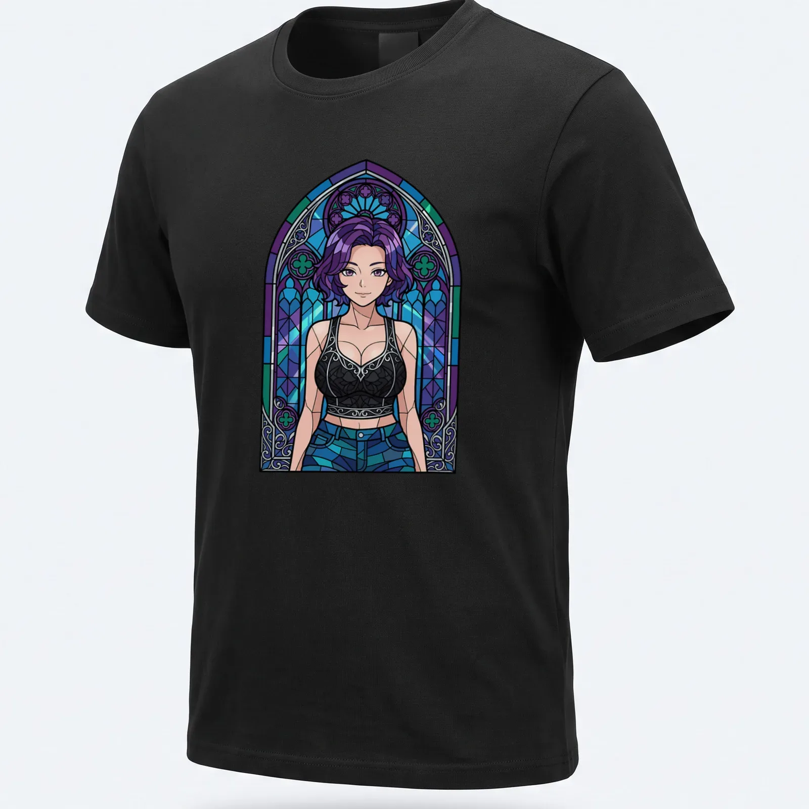 Female character with purple hair in stained glass style — printed on a unisex t-shirt