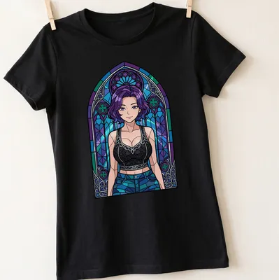 Female character with purple hair in stained glass style — printed on a women's shirt