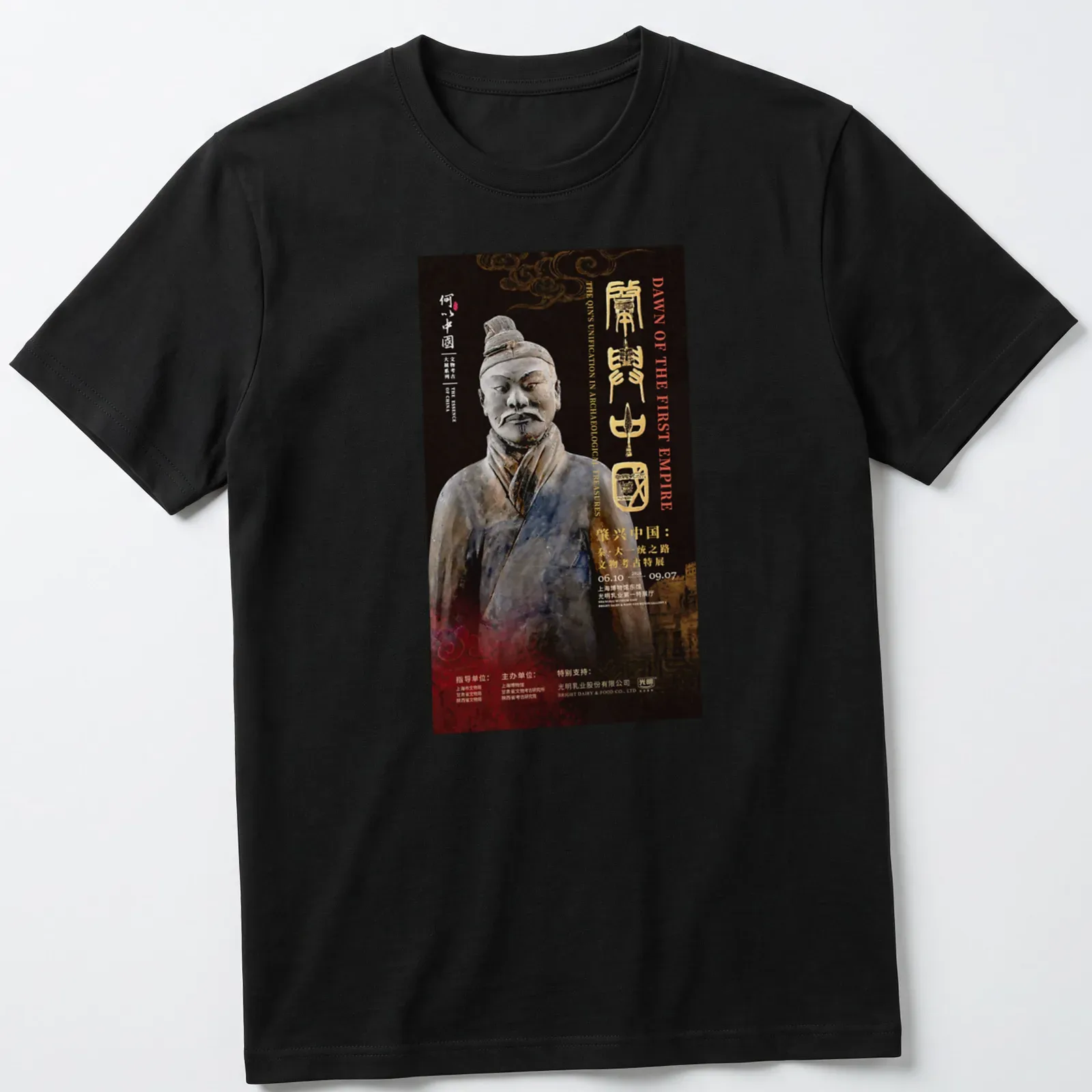 Terracotta Warrior graphic with text about Qin's unification in historical poster style — printed on a unisex t-shirt