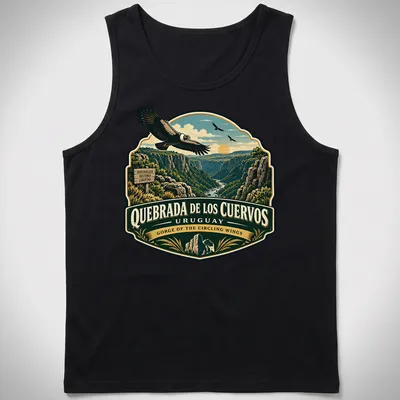 Vintage illustration of an eagle soaring over a gorge in green and blue hues — printed on a tank top