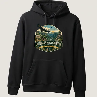 Vintage illustration of an eagle soaring over a gorge in green and blue hues — printed on a unisex hoodie
