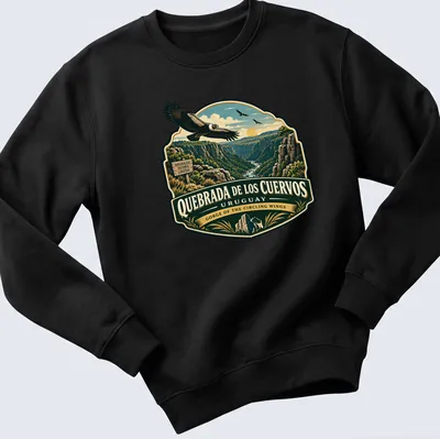 Vintage illustration of an eagle soaring over a gorge in green and blue hues — printed on a unisex sweatshirt