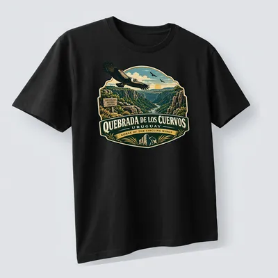 Vintage illustration of an eagle soaring over a gorge in green and blue hues — printed on a unisex t-shirt (angled view)
