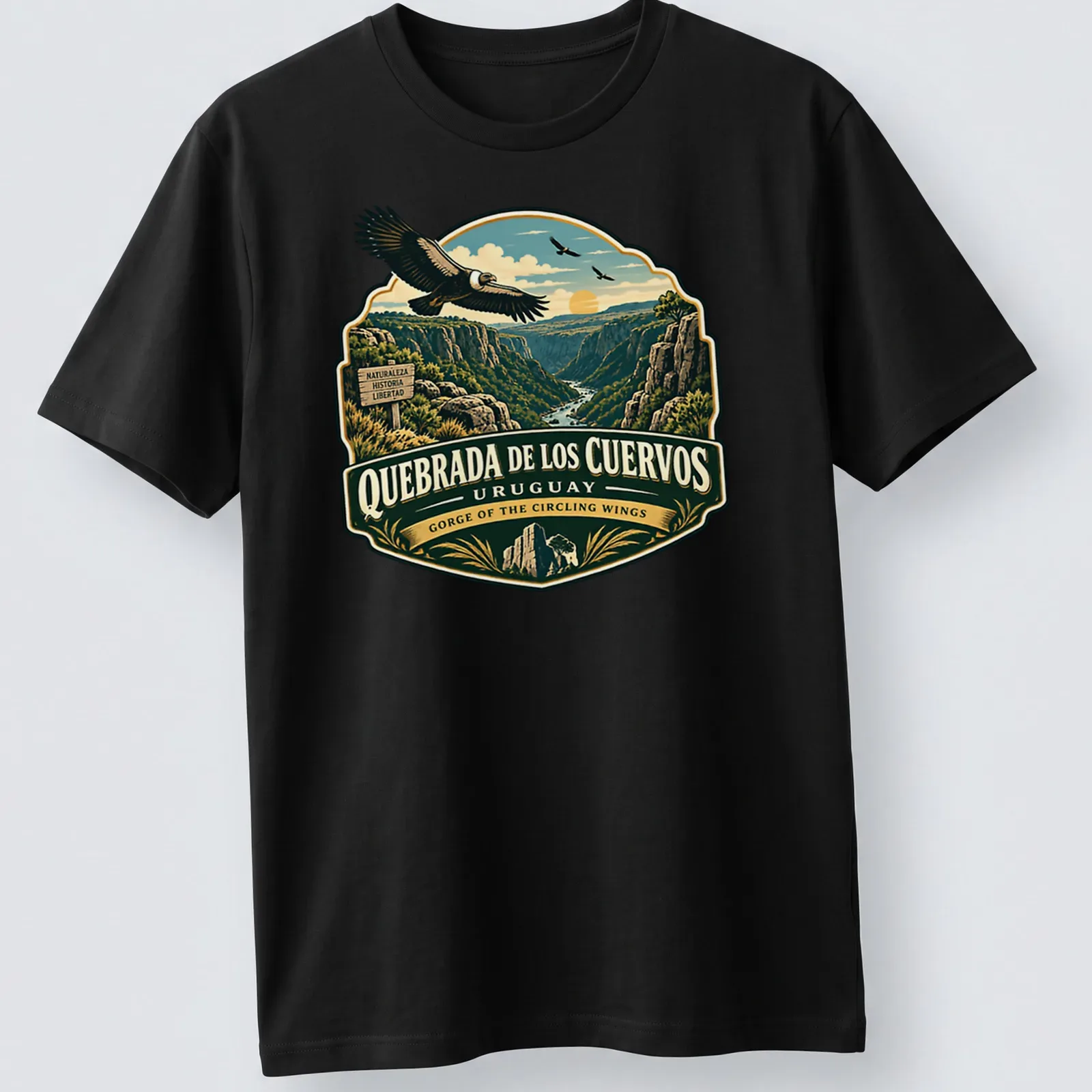 Vintage illustration of an eagle soaring over a gorge in green and blue hues — printed on a unisex t-shirt