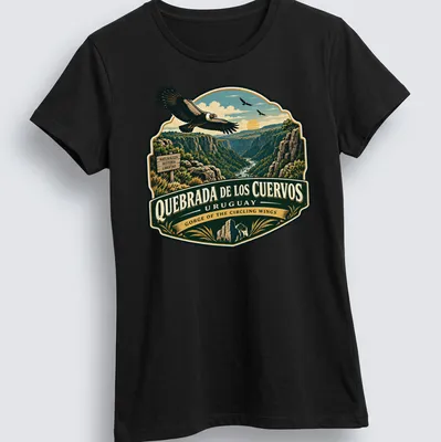Vintage illustration of an eagle soaring over a gorge in green and blue hues — printed on a women's shirt