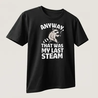Funny vintage raccoon t-shirt featuring humorous text and playful design — printed on a unisex t-shirt (angled view)