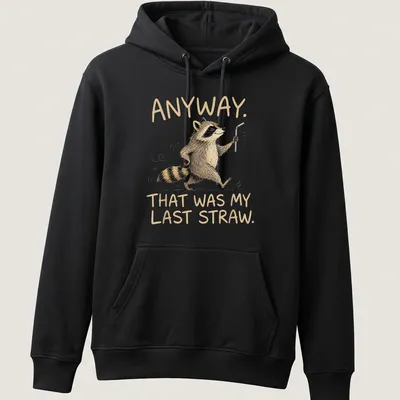 Illustrative cartoon raccoon with the phrase 'Anyway, That Was My Last Straw.' — printed on a unisex hoodie
