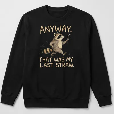 Illustrative cartoon raccoon with the phrase 'Anyway, That Was My Last Straw.' — printed on a unisex sweatshirt