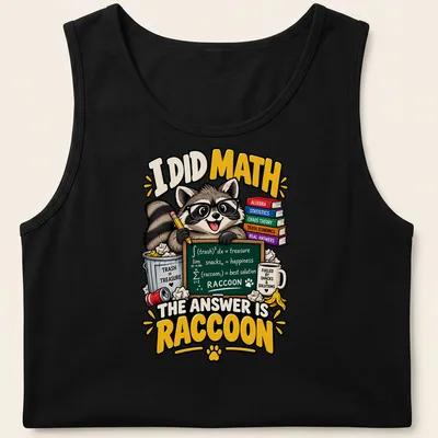 Colorful cartoon T-shirt featuring a playful raccoon and math joke graphic — printed on a tank top