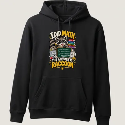 Colorful cartoon T-shirt featuring a playful raccoon and math joke graphic — printed on a unisex hoodie
