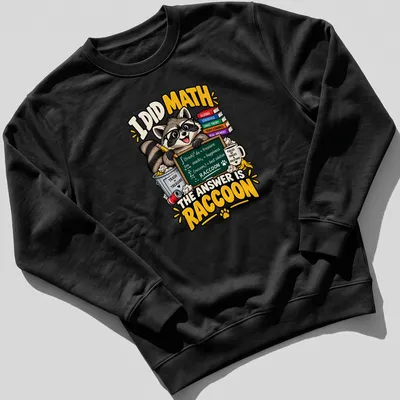 Colorful cartoon T-shirt featuring a playful raccoon and math joke graphic — printed on a unisex sweatshirt