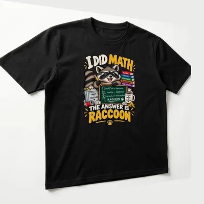 Colorful cartoon T-shirt featuring a playful raccoon and math joke graphic — printed on a unisex t-shirt (angled view)