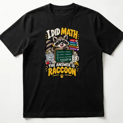 Colorful cartoon T-shirt featuring a playful raccoon and math joke graphic