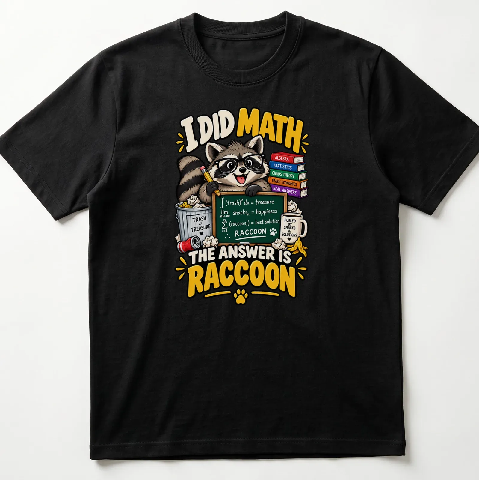 Colorful cartoon T-shirt featuring a playful raccoon and math joke graphic — printed on a unisex t-shirt
