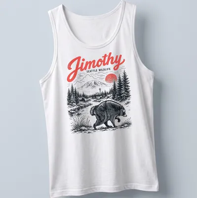 Vintage illustration of a raccoon with Jimothy Seattle Wildlife text in black and red — printed on a tank top