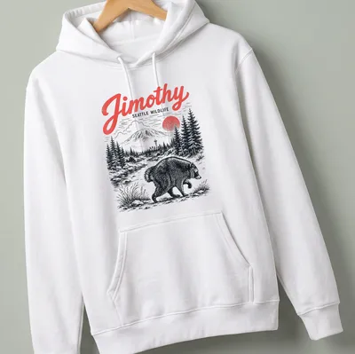 Vintage illustration of a raccoon with Jimothy Seattle Wildlife text in black and red — printed on a unisex hoodie