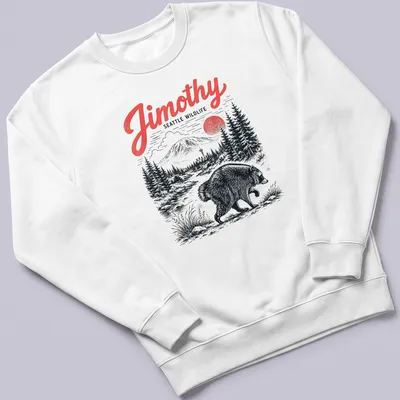 Vintage illustration of a raccoon with Jimothy Seattle Wildlife text in black and red — printed on a unisex sweatshirt