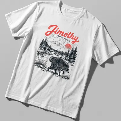 Vintage illustration of a raccoon with Jimothy Seattle Wildlife text in black and red
