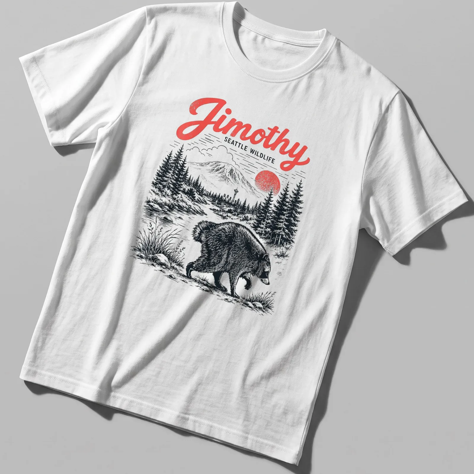 Vintage illustration of a raccoon with Jimothy Seattle Wildlife text in black and red — printed on a unisex t-shirt