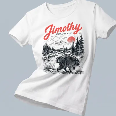 Vintage illustration of a raccoon with Jimothy Seattle Wildlife text in black and red — printed on a women's shirt