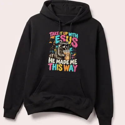 Cartoon raccoon wearing sunglasses with humorous text about faith. — printed on a unisex hoodie