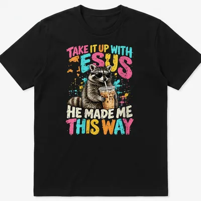 Cartoon raccoon wearing sunglasses with humorous text about faith.