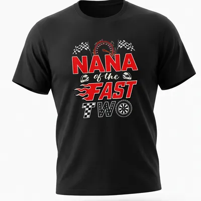 Bold illustration of a racing car with 'NANA of the FAST TWO' text in red, black, and white