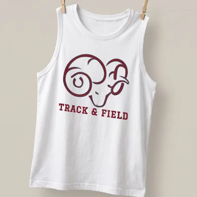 Bold graphic of ram with 'TRACK & FIELD' text on maroon and white — printed on a tank top