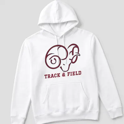 Bold graphic of ram with 'TRACK & FIELD' text on maroon and white — printed on a unisex hoodie