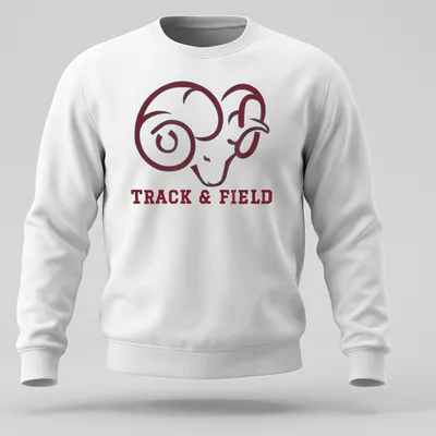 Bold graphic of ram with 'TRACK & FIELD' text on maroon and white — printed on a unisex sweatshirt