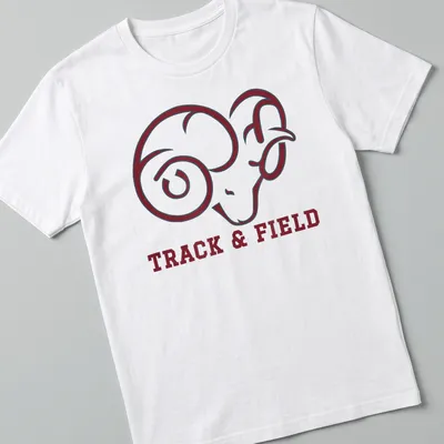 Bold graphic of ram with 'TRACK & FIELD' text on maroon and white tee