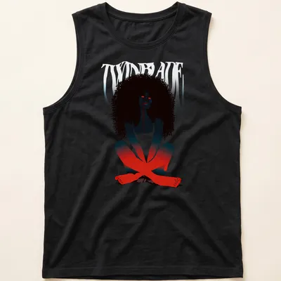 Digital illustration of a woman with red eyes, featuring bold colors — printed on a tank top