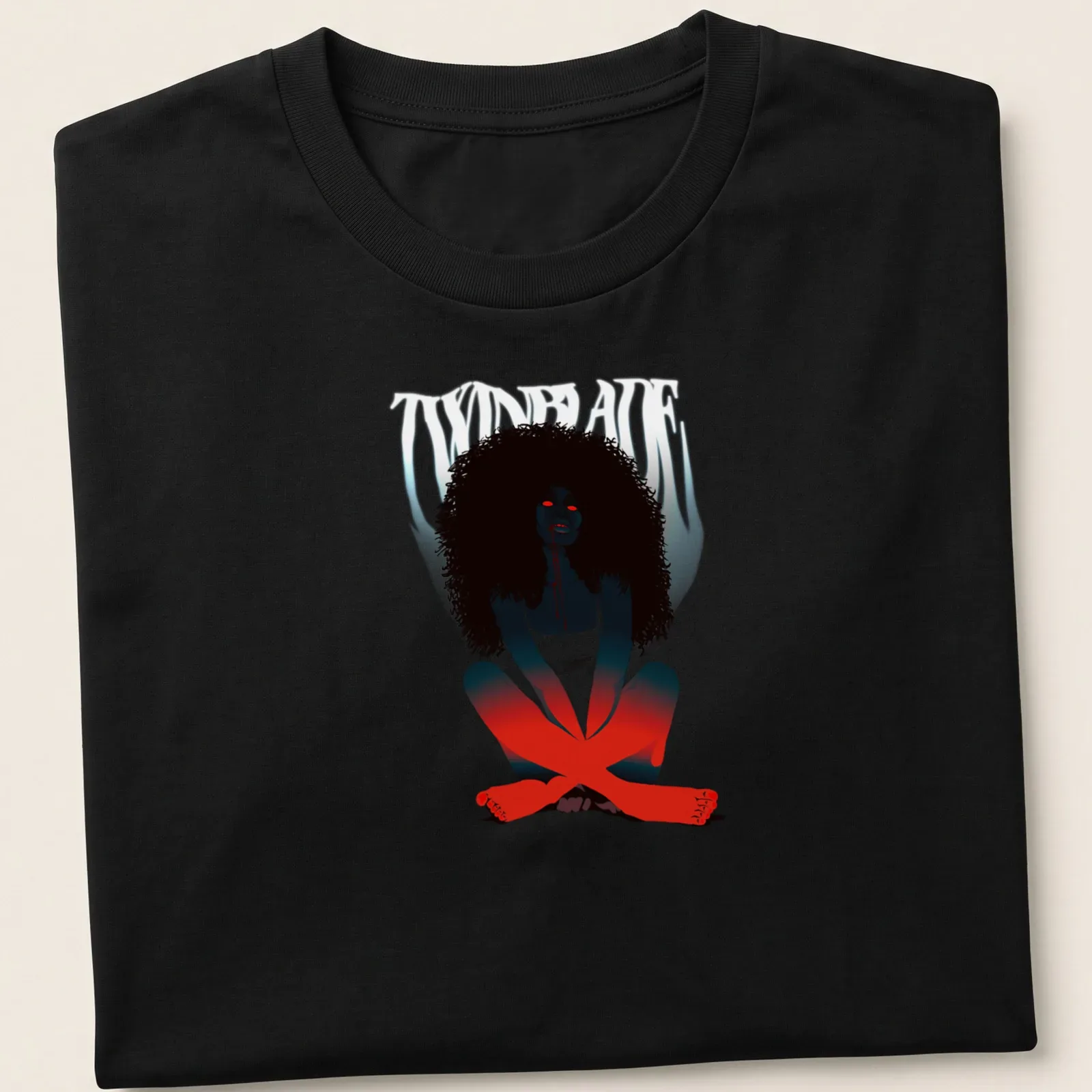 Digital illustration of a woman with red eyes, featuring bold colors — printed on a unisex t-shirt